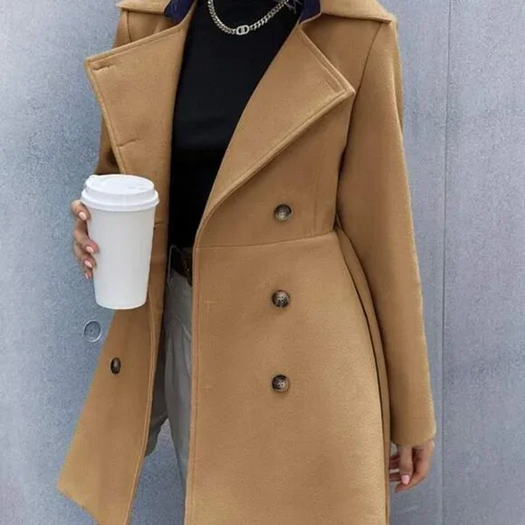 Business Classic Double Breasted Lapel Neck Belted - Picture 5 of 6